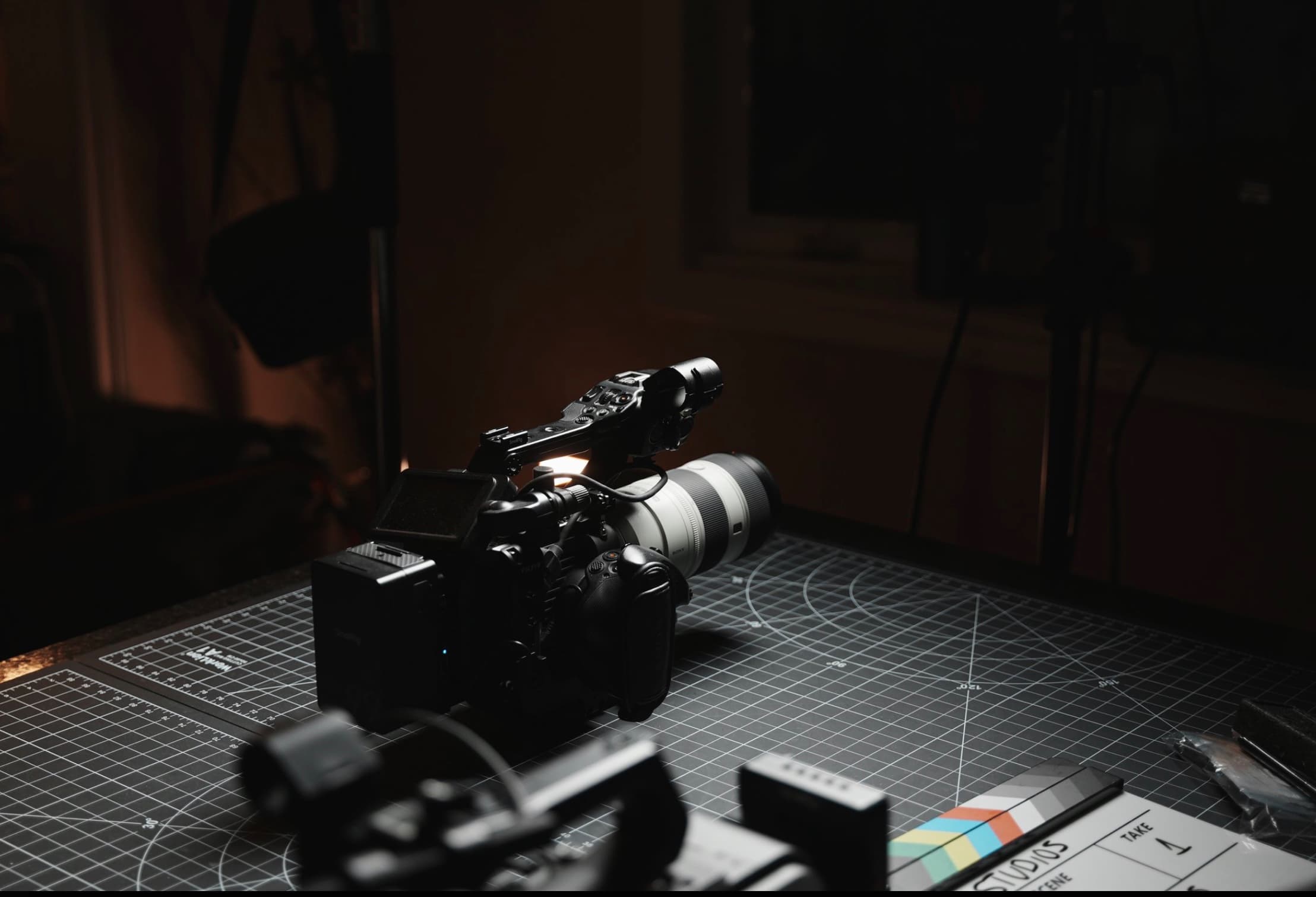 Professional production equipment organized before a shoot